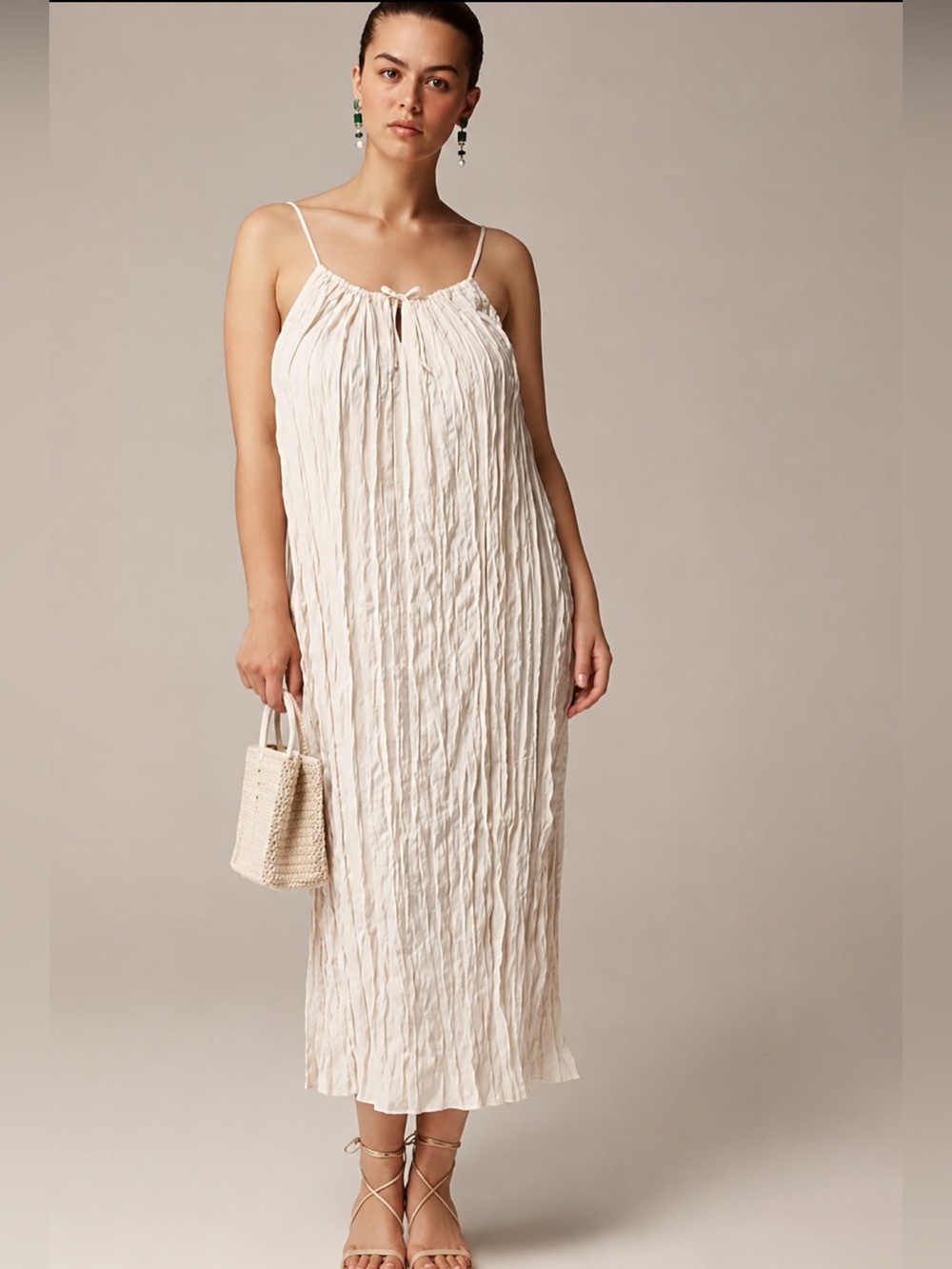 J. Crew Cream Crinkle Spaghetti-Strap Midi Dress Size-Small Coastal Minimalist